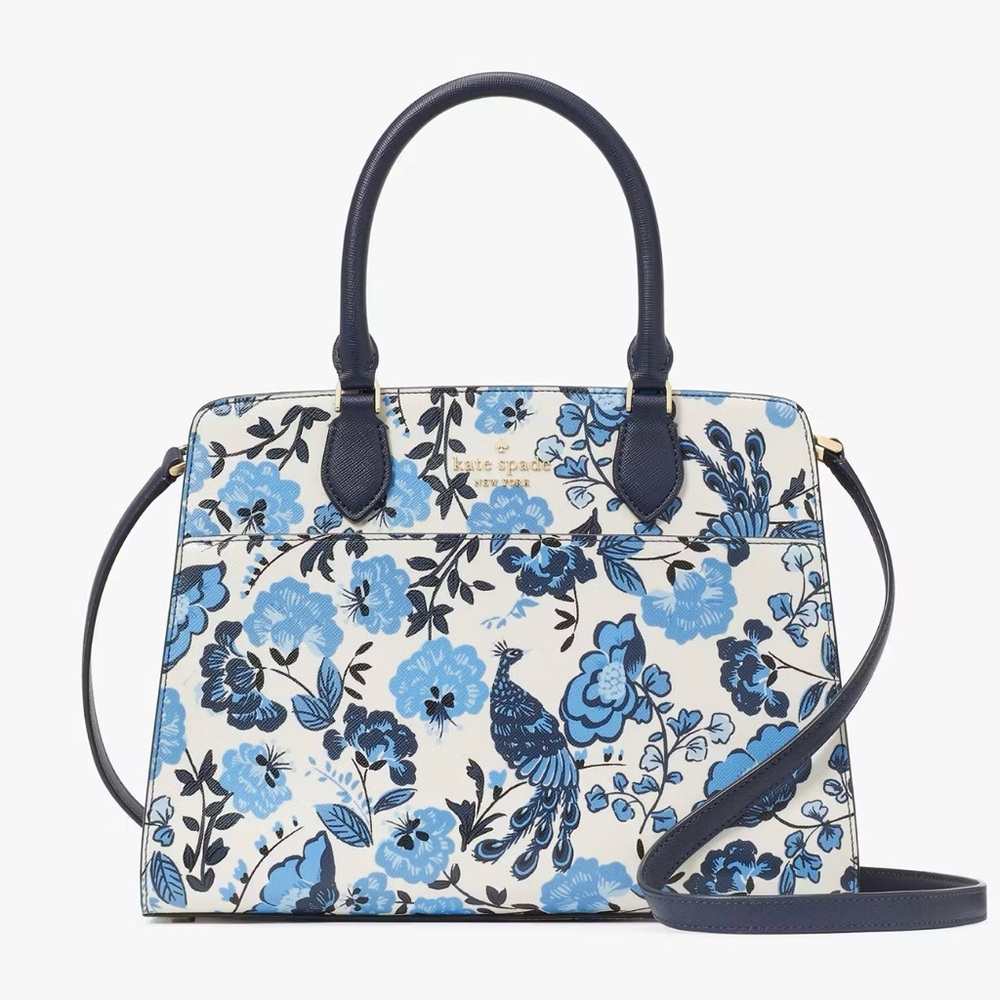 Kate Spade Madison Peacock Blue & White Floral Printed Medium Satchel NEW